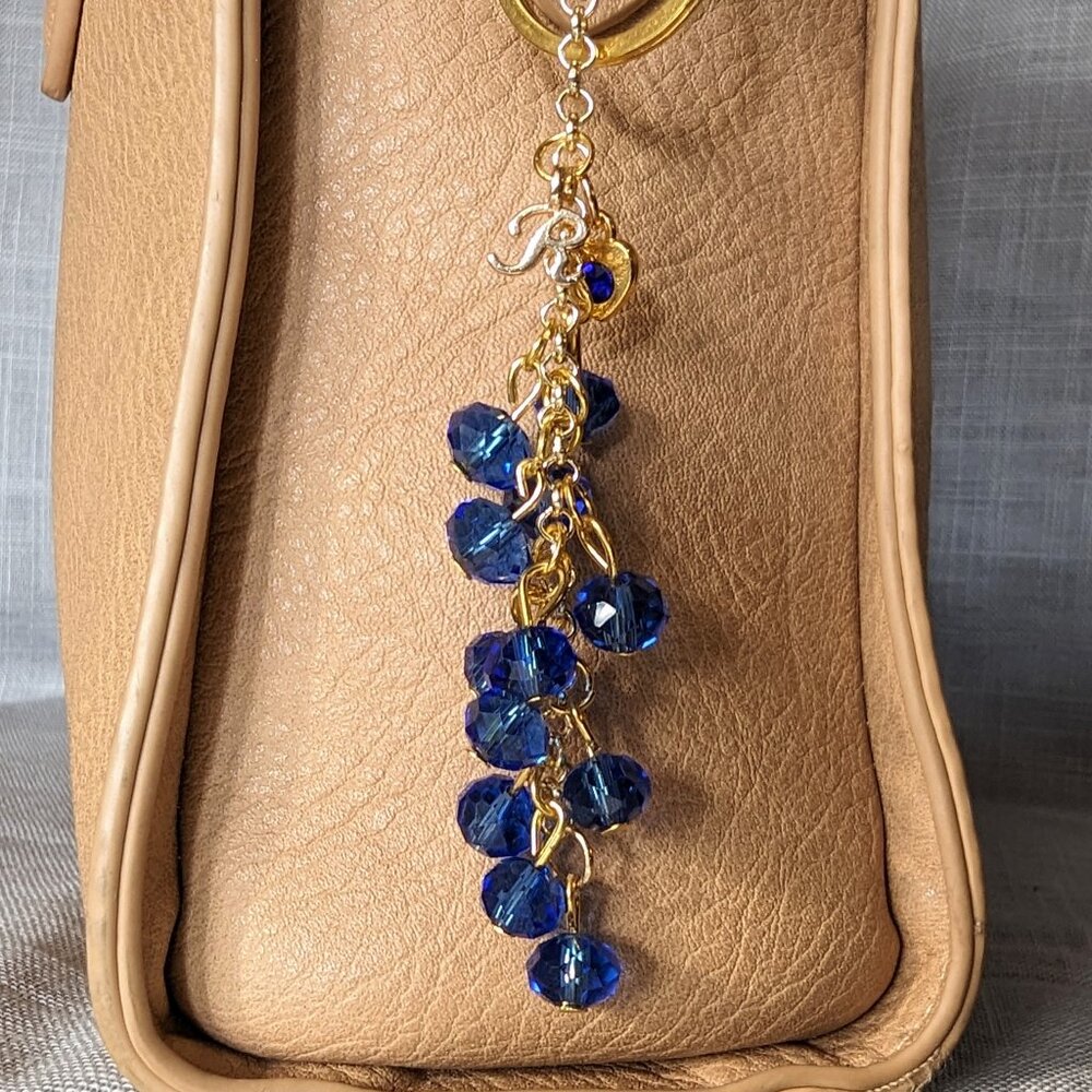 SAPPHIRE BLUE BEADED CHARM PERSONALIZED LETTER R GOLD PURSE/ TOTE  CHARM